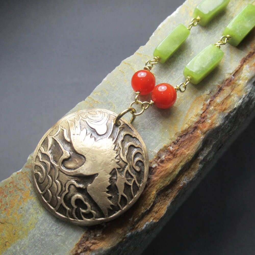Golden Crane Medallion, Serpentine and Carnelian Chain